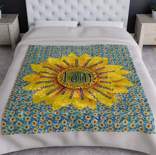Sunflower Affirmation Crushed Velvet Blanket – Cozy Comfort & Daily Encouragement 🌻