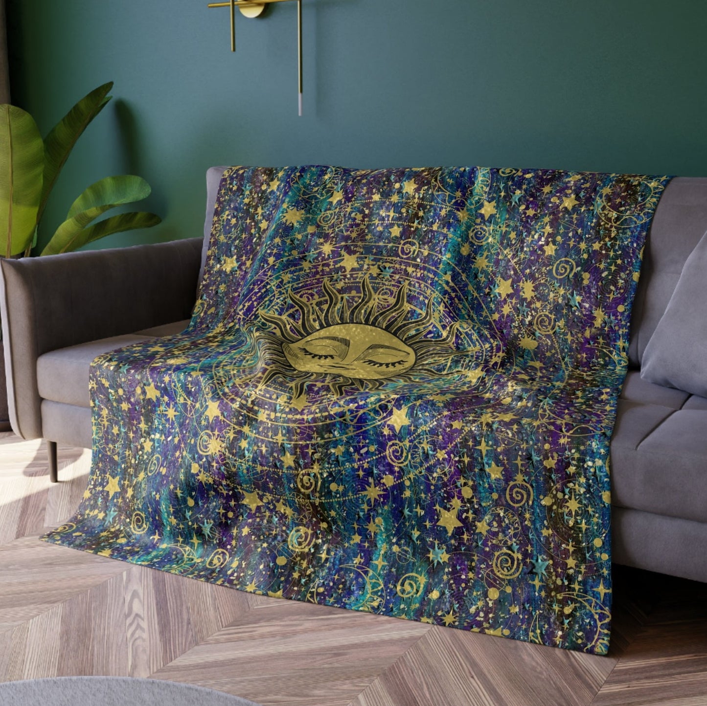 Celestial Sun & Stars Crushed Velvet Blanket – A Cozy Dreamer's Delight