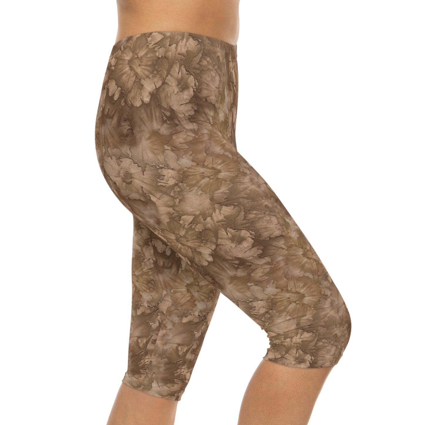 Side view of model wearing Mocha Bliss Capri Leggings by Alisa Marie. Earthy tones design, perfect for yoga, fitness, or casual everyday wear.