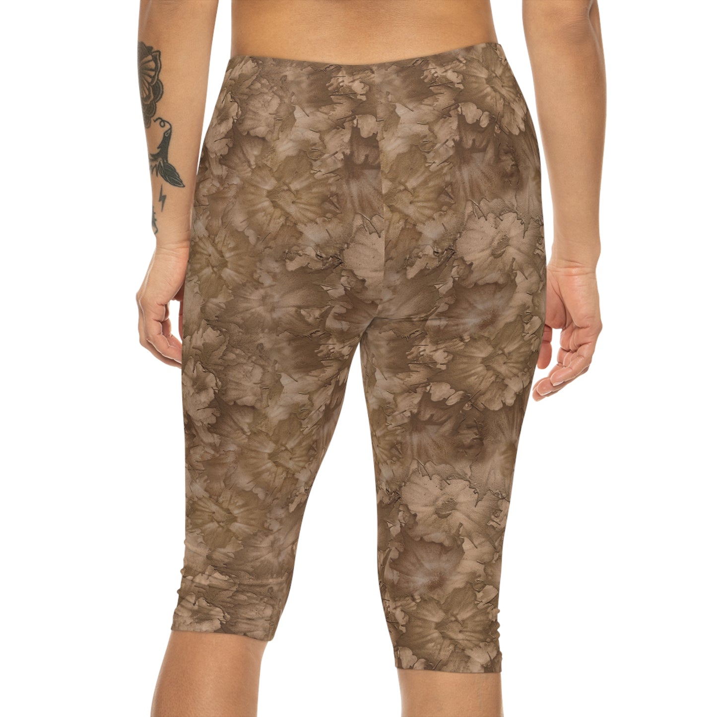 Back view of model wearing Mocha Bliss Capri Leggings by Alisa Marie. Earthy tones design, perfect for yoga, fitness, or casual everyday wear.