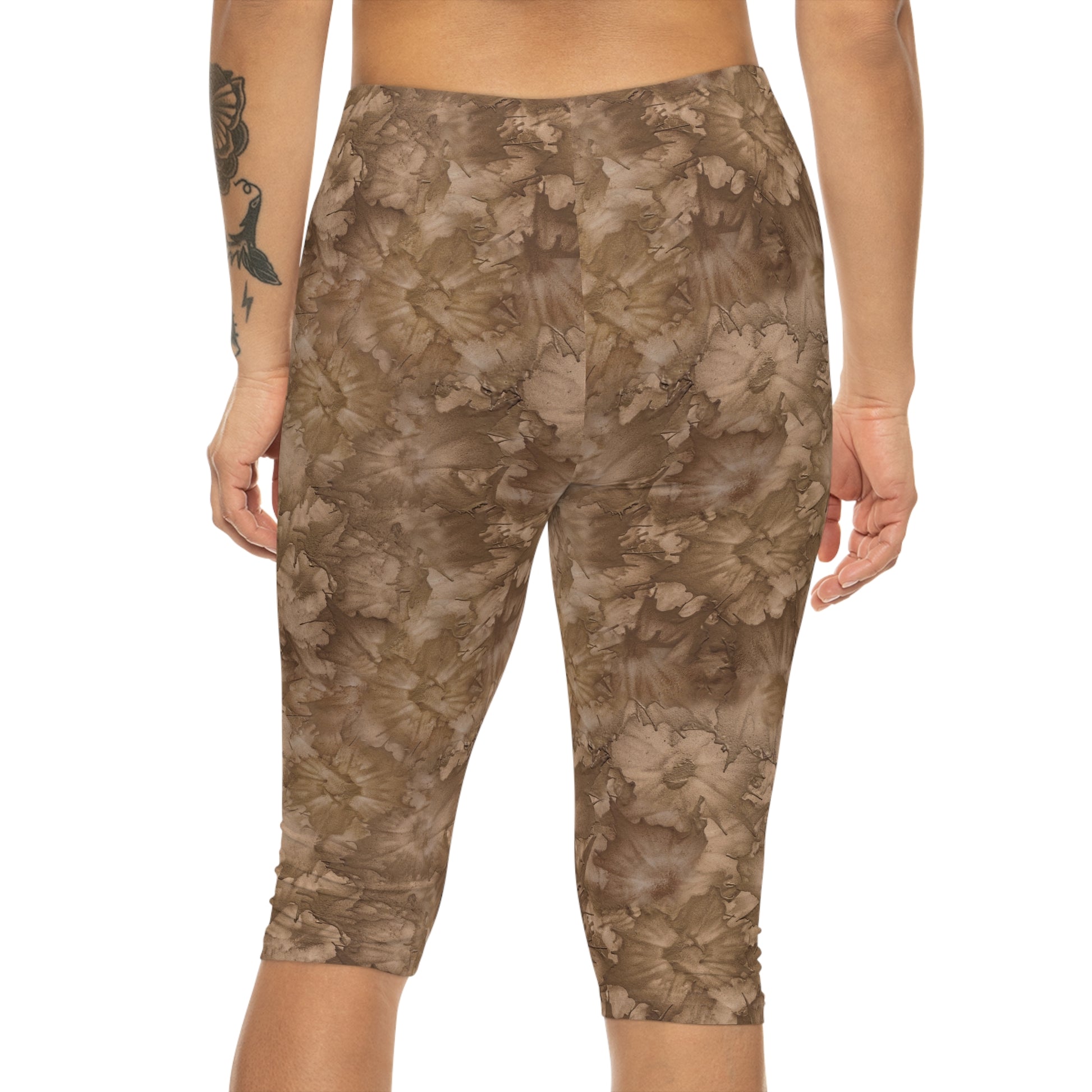 Back view of model wearing Mocha Bliss Capri Leggings by Alisa Marie. Earthy tones design, perfect for yoga, fitness, or casual everyday wear.
