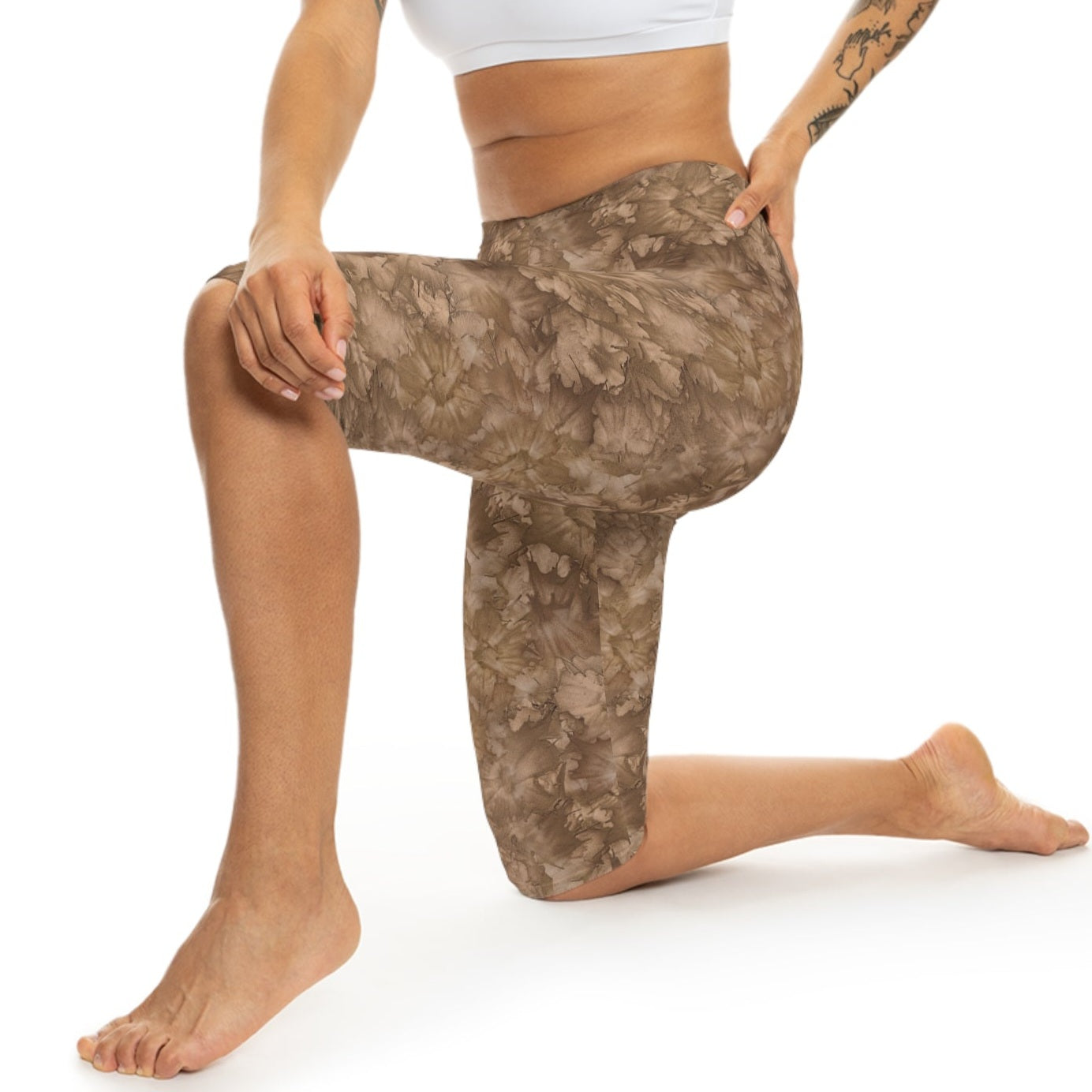 Model wearing Mocha Bliss Capri Leggings by Alisa Marie. Earthy tones design, perfect for yoga, fitness, or casual everyday wear.
