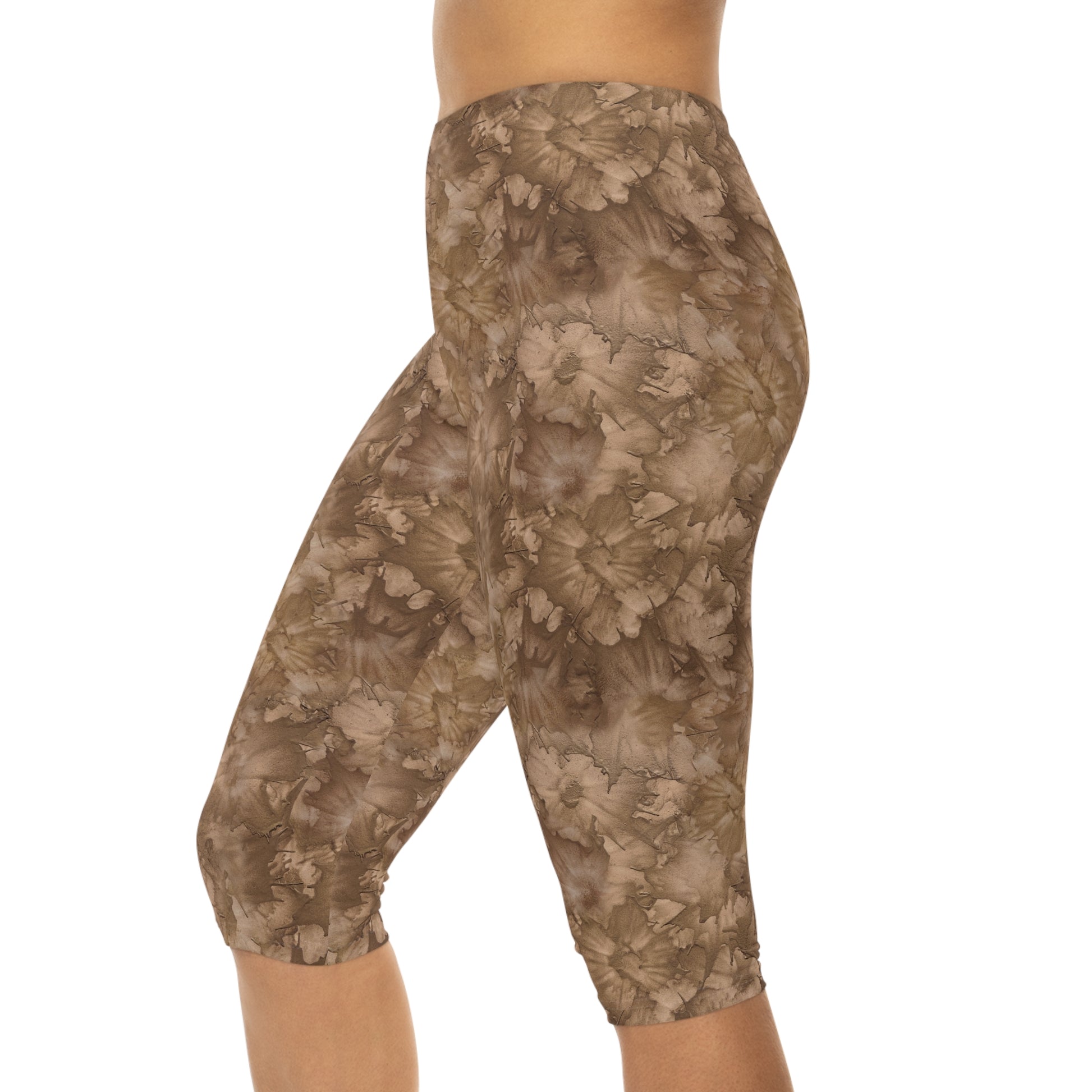 Side view of model wearing Mocha Bliss Capri Leggings by Alisa Marie. Earthy tones design, perfect for yoga, fitness, or casual everyday wear.