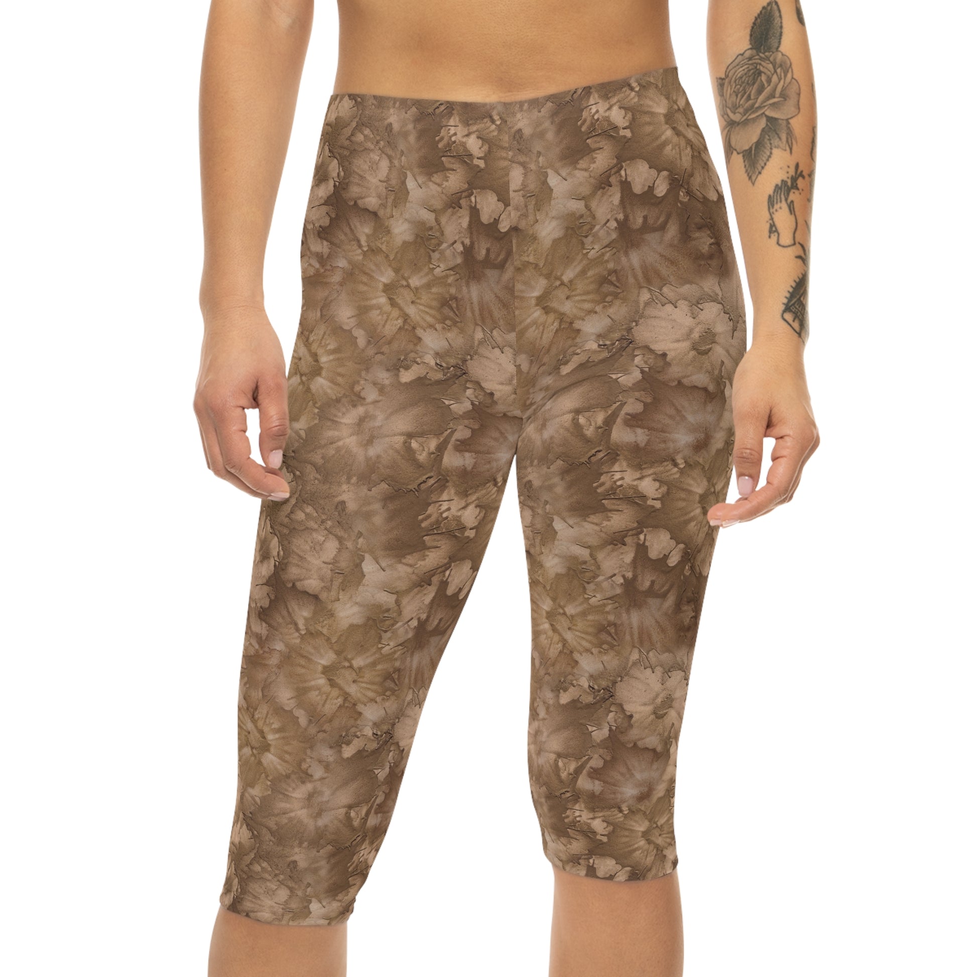Front view of model wearing Mocha Bliss Capri Leggings by Alisa Marie. Earthy tones design, perfect for yoga, fitness, or casual everyday wear.
