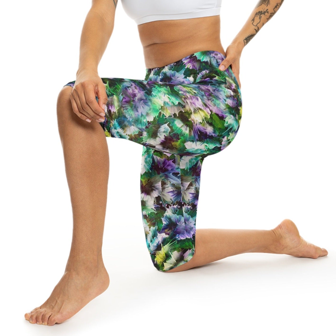 Northern Lights Capri Leggings for Women by Alisa Marie. Vibrant activewear design in blue, green, and purple hues for yoga and casual wear.