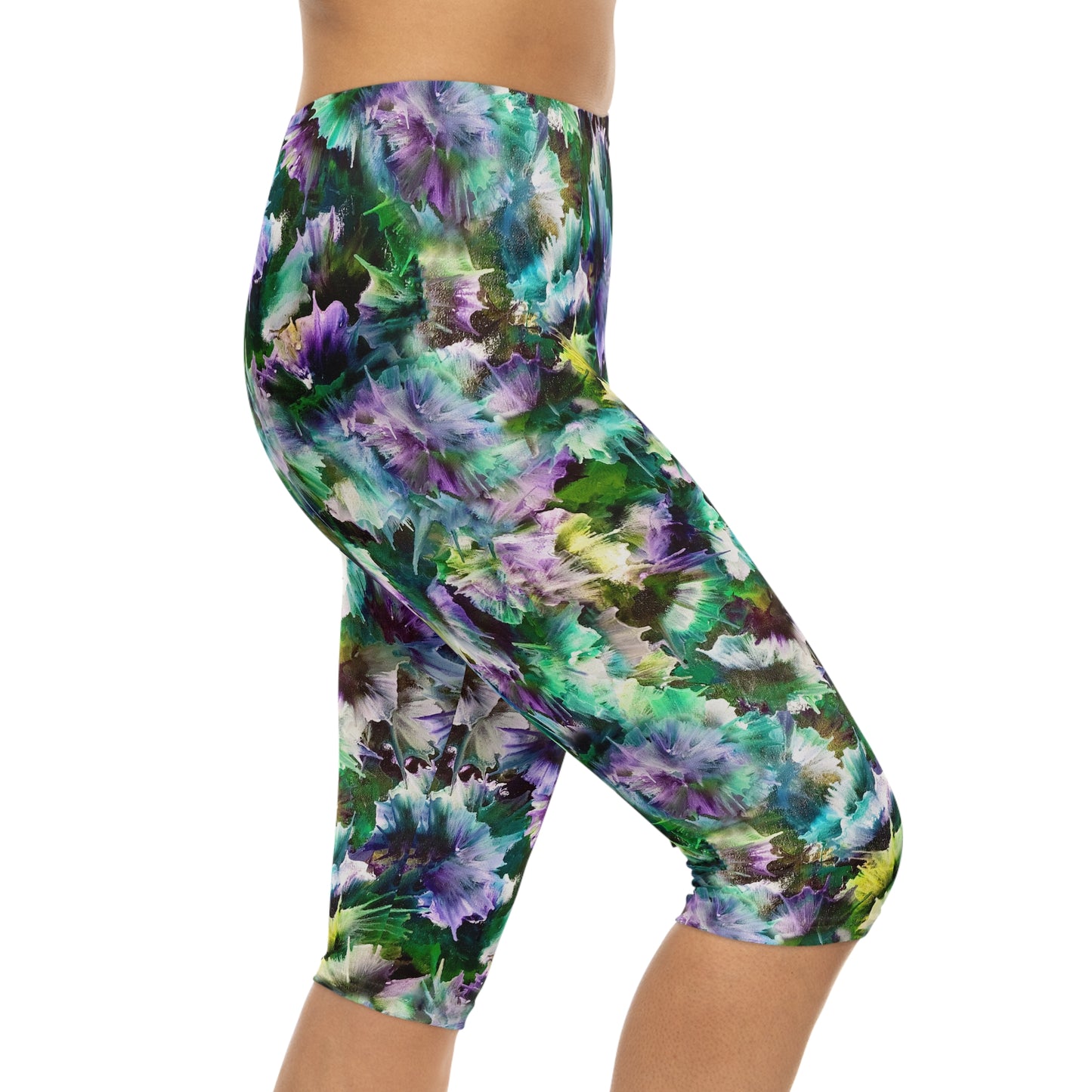 Side view of Northern Lights Women's Capri Leggings. Comfortable activewear featuring vibrant colors perfect for workouts and lounging.