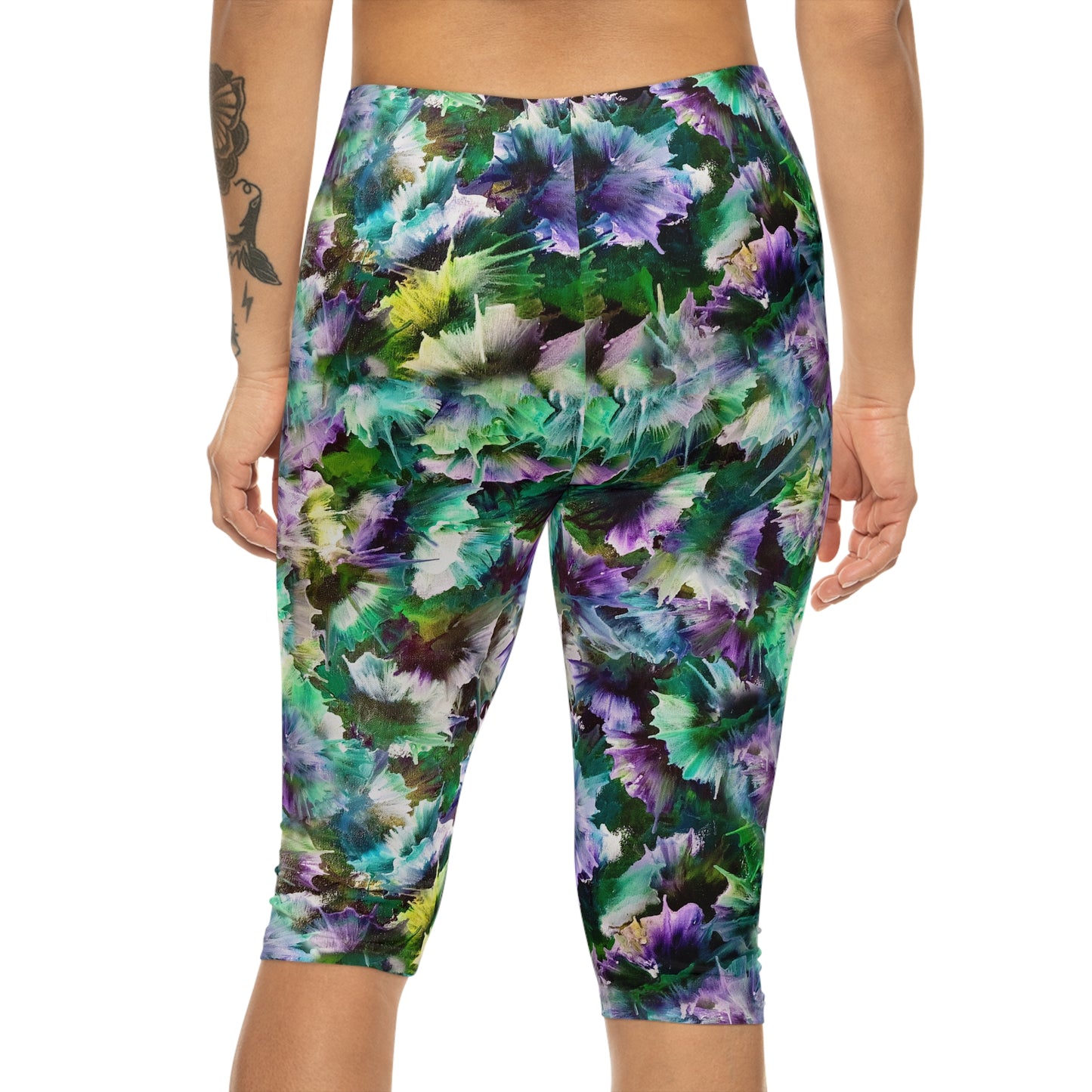 Back view of Northern Lights Women's Capri Leggings-Stunning color patterns, ideal for causal and active wear.