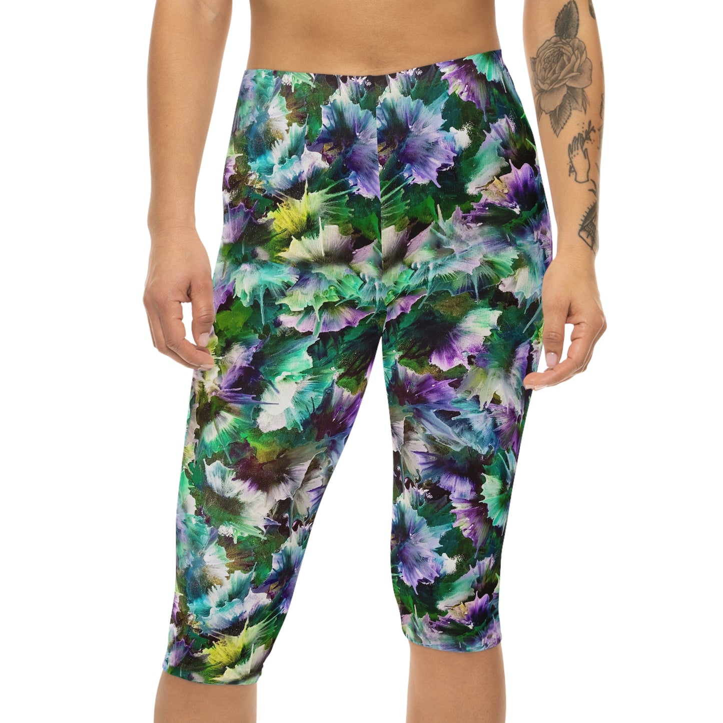 Northern Lights Capri Leggings for Women. Front view. Vibrant activewear design in blue, green, and purple hues for yoga and causal wear.