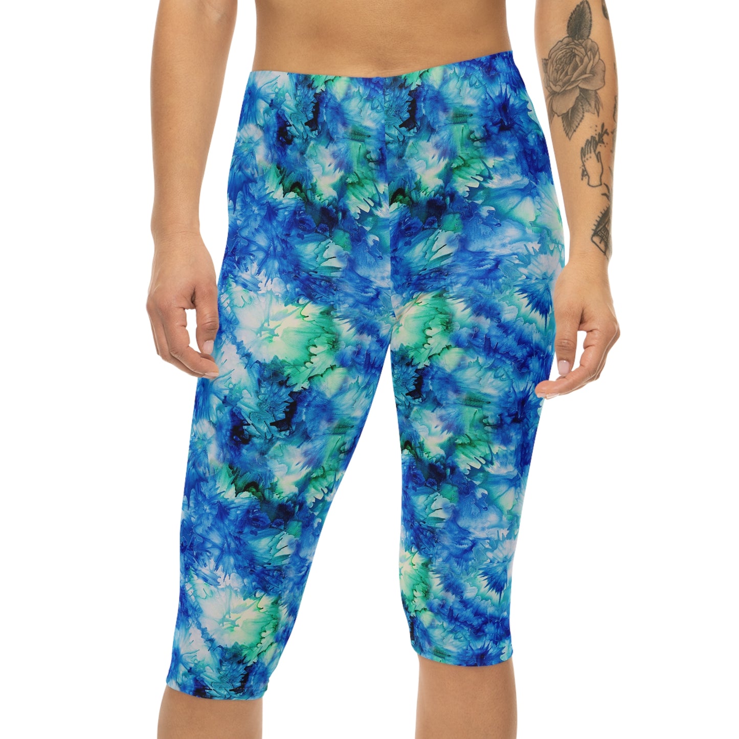 Front view of Ocean Mist Capri Leggings by Alisa Marie. The Coastal Blue design is perfect for yoga, fitness, or casual outings.