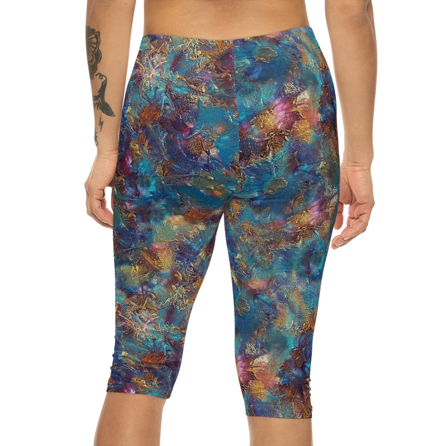 Back view of model wearing Oceanic Capri Leggings by Alisa Marie. Coastal-inspired design, perfect for yoga, fitness, or casual everyday wear.