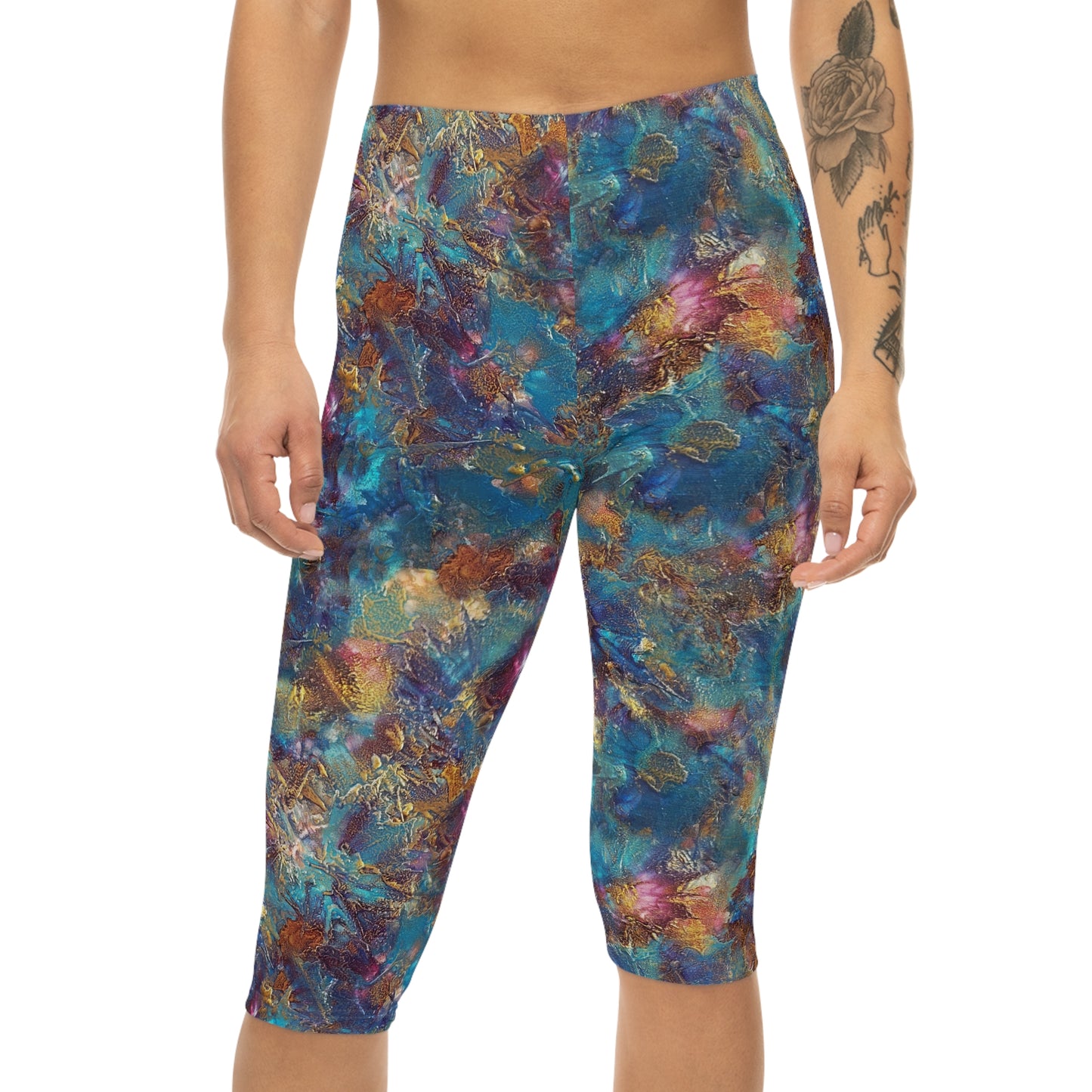 Front view of model wearing Oceanic Capri Leggings by Alisa Marie. Coastal-inspired design, perfect for yoga, fitness, or casual everyday wear.
