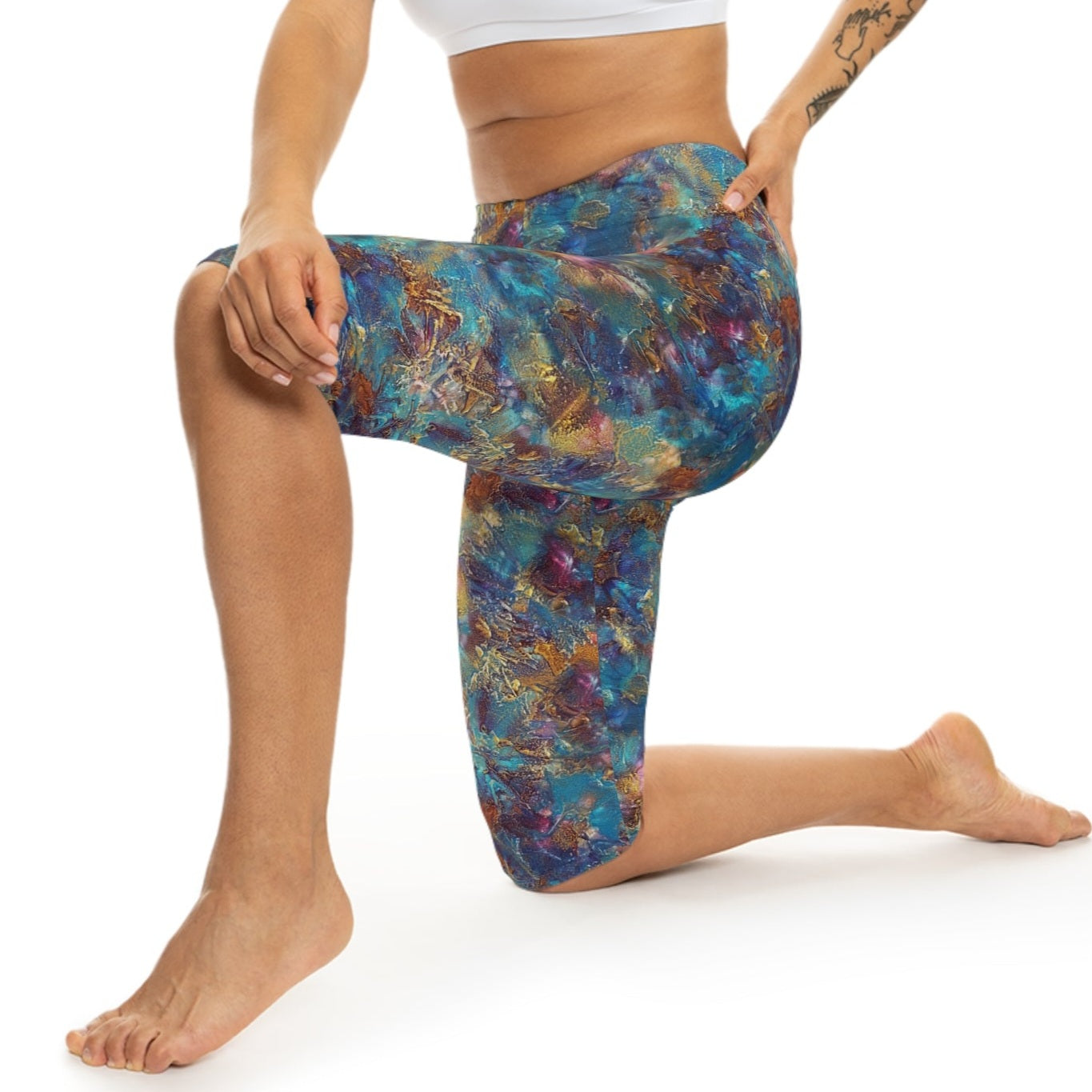 Model wearing Oceanic Capri Leggings by Alisa Marie. Coastal-inspired design, perfect for yoga, fitness, or casual everyday wear.