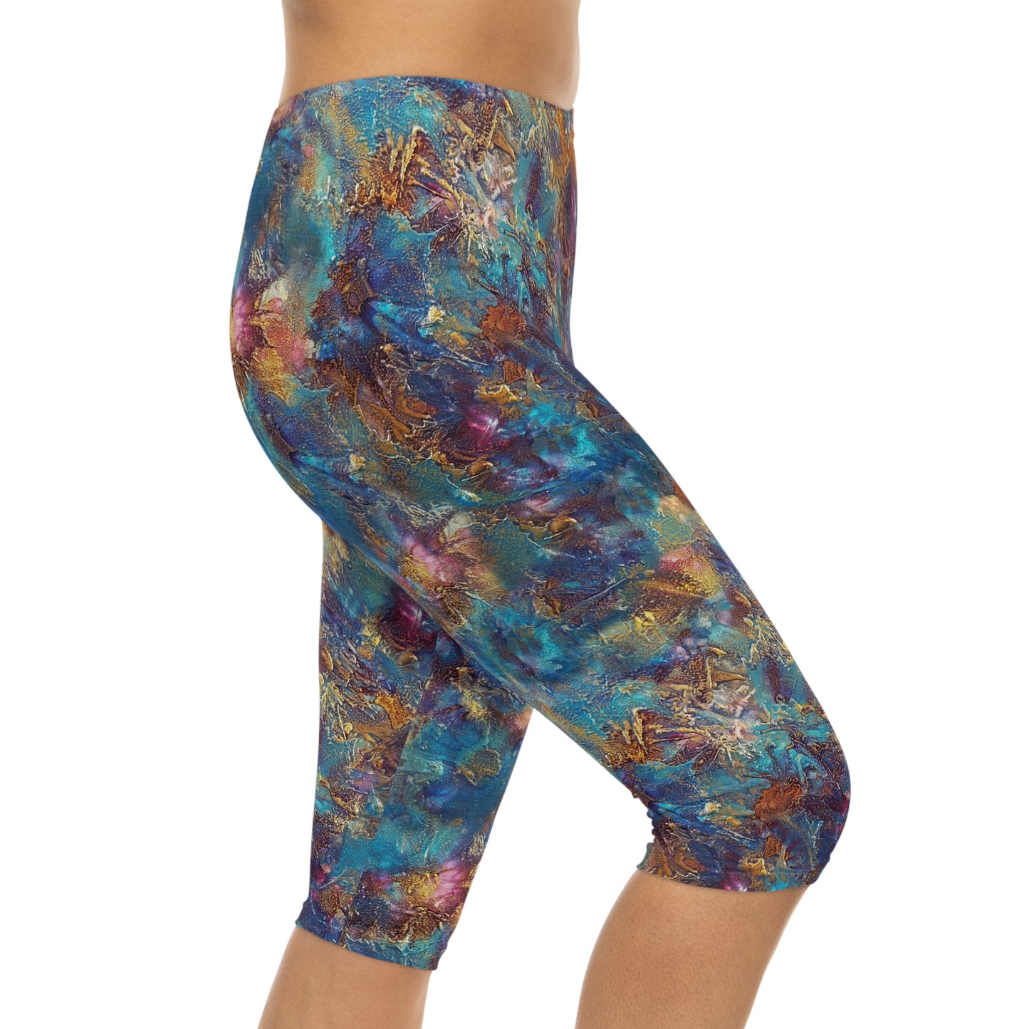Side view of model wearing Oceanic Capri Leggings by Alisa Marie. Coastal-inspired design, perfect for yoga, fitness, or casual everyday wear.