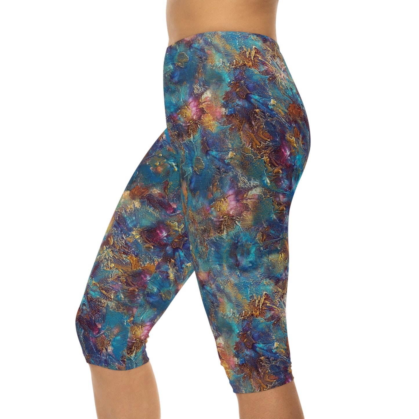 Side view of model wearing Oceanic Capri Leggings by Alisa Marie. Coastal-inspired design, perfect for yoga, fitness, or casual everyday wear.
