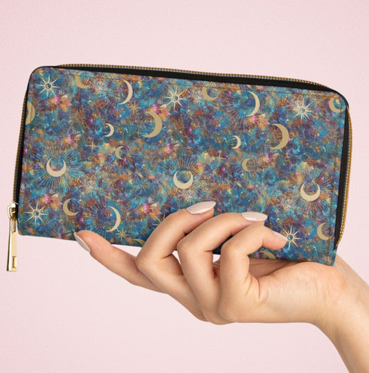 Celestial Pattern Zipper Wallet - Mystic Moon and Star Design