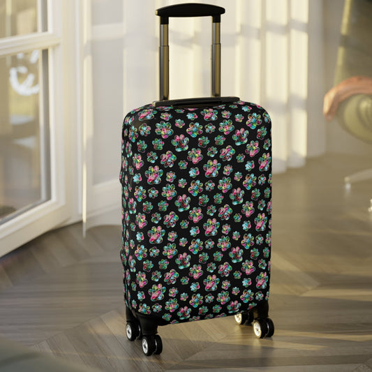 Angel Paws luggage cover with rainbow pet paw prints on black background by Art by Alisa Marie