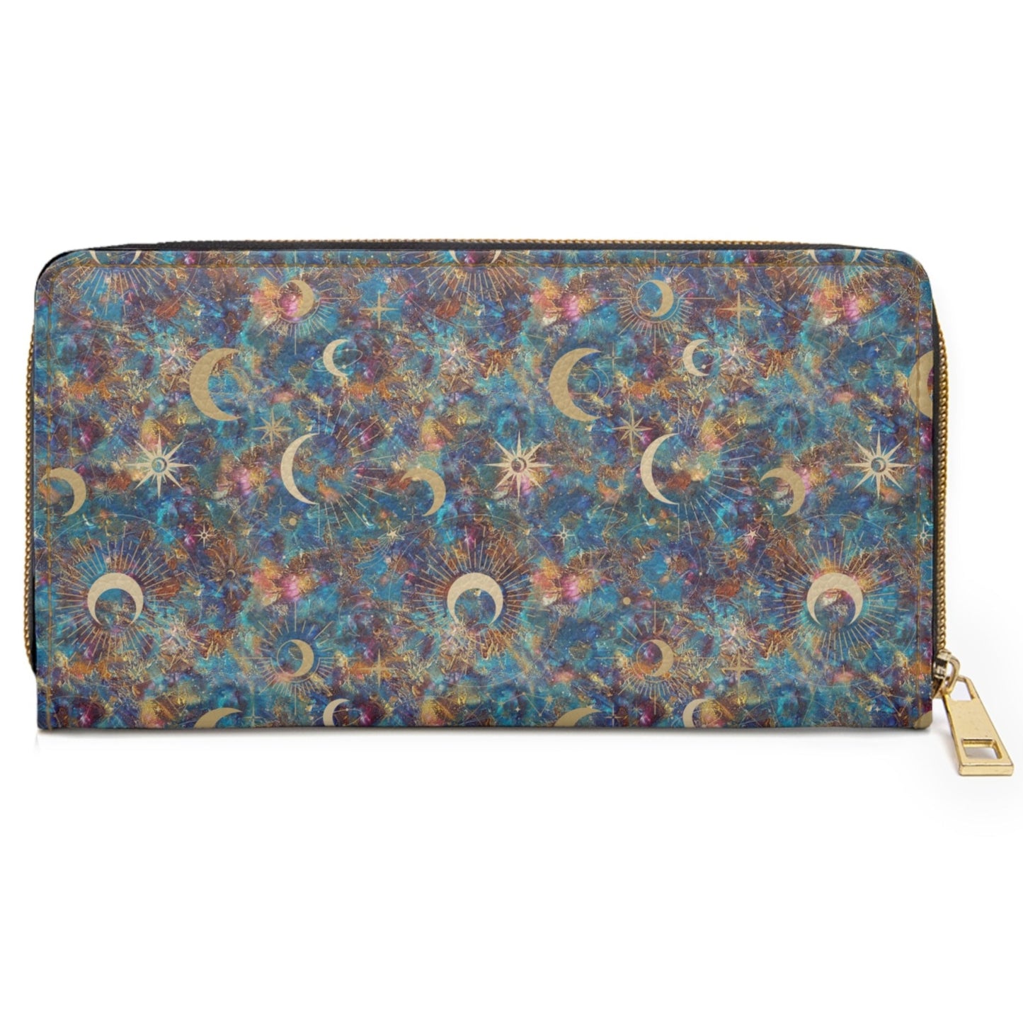 Celestial Pattern Zipper Wallet - Mystic Moon and Star Design