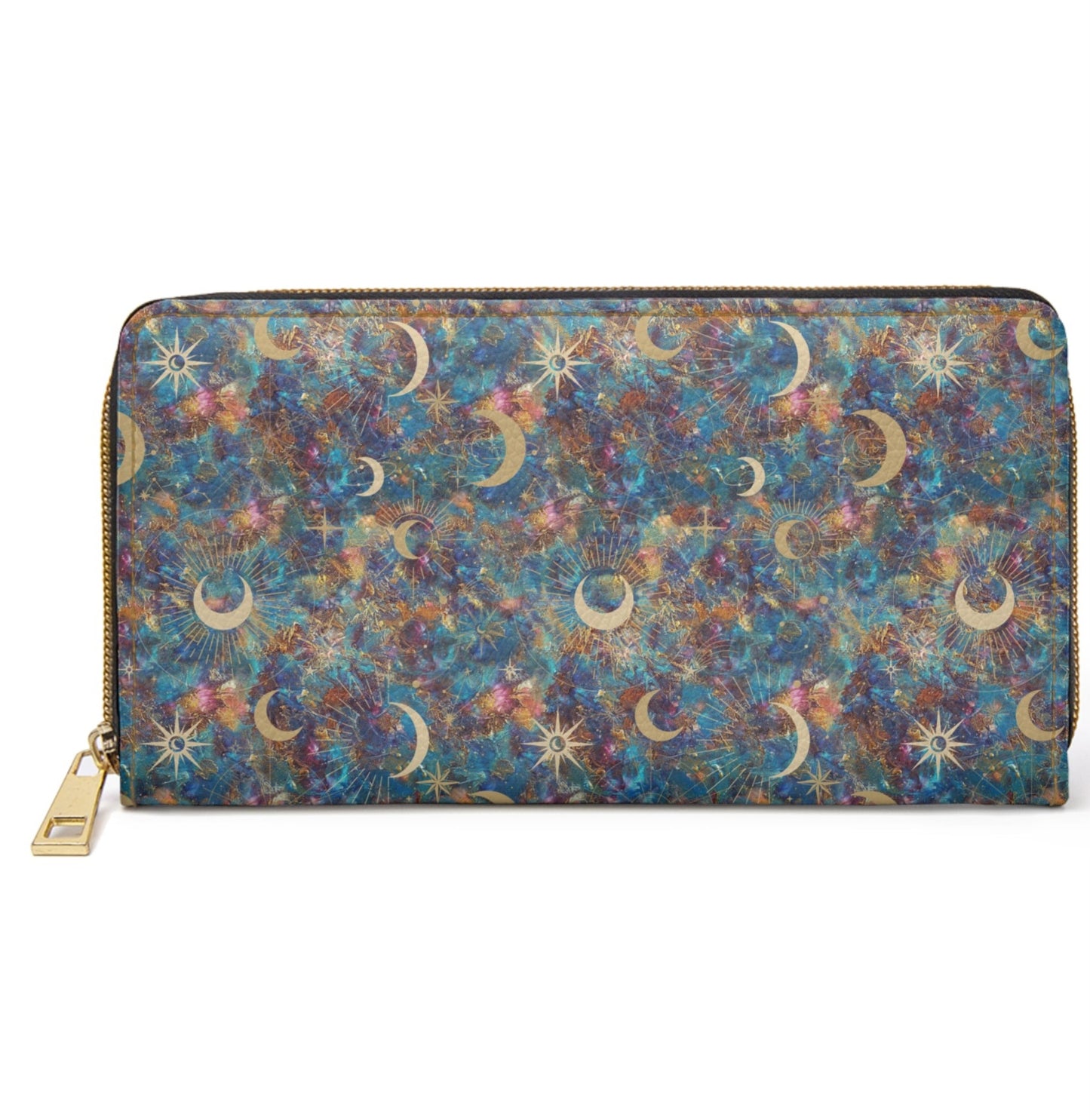 Celestial Pattern Zipper Wallet - Mystic Moon and Star Design