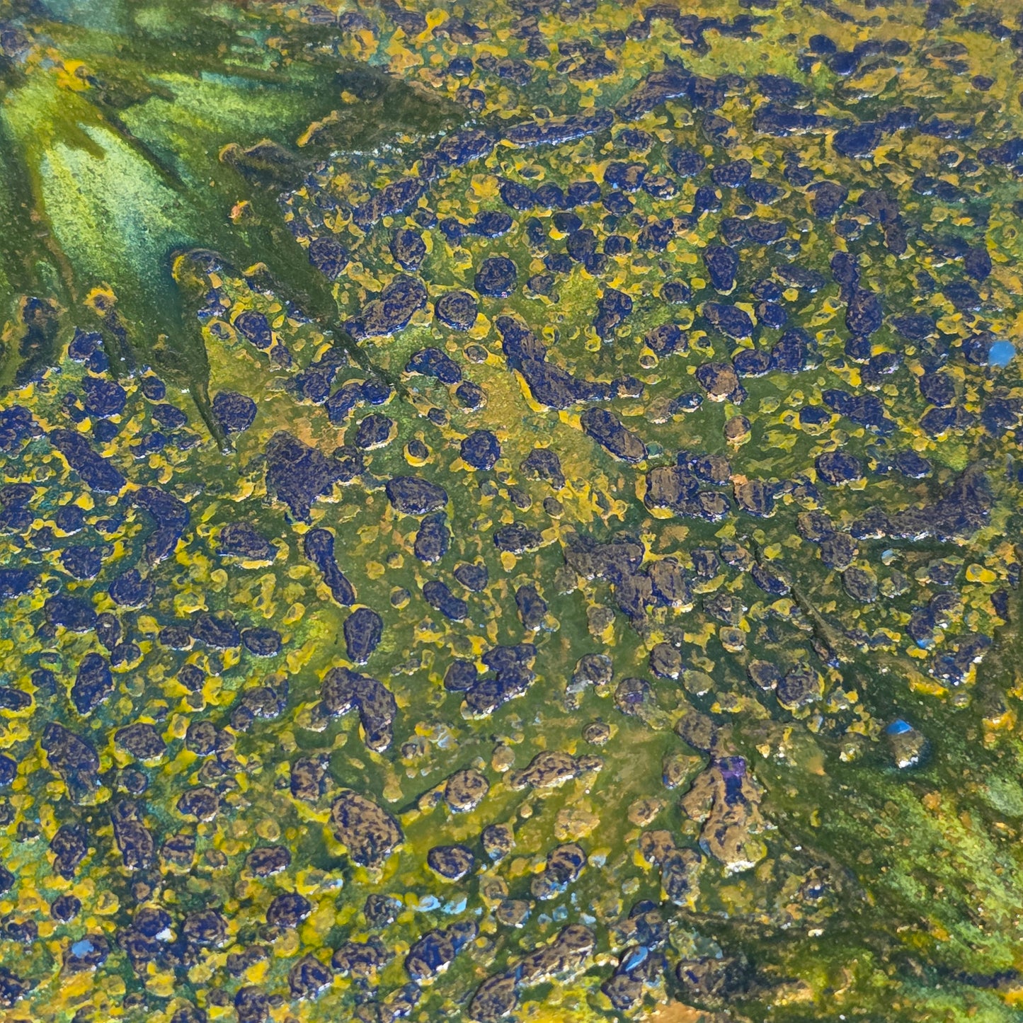 Close-up of a textured surface with green and blue patterns