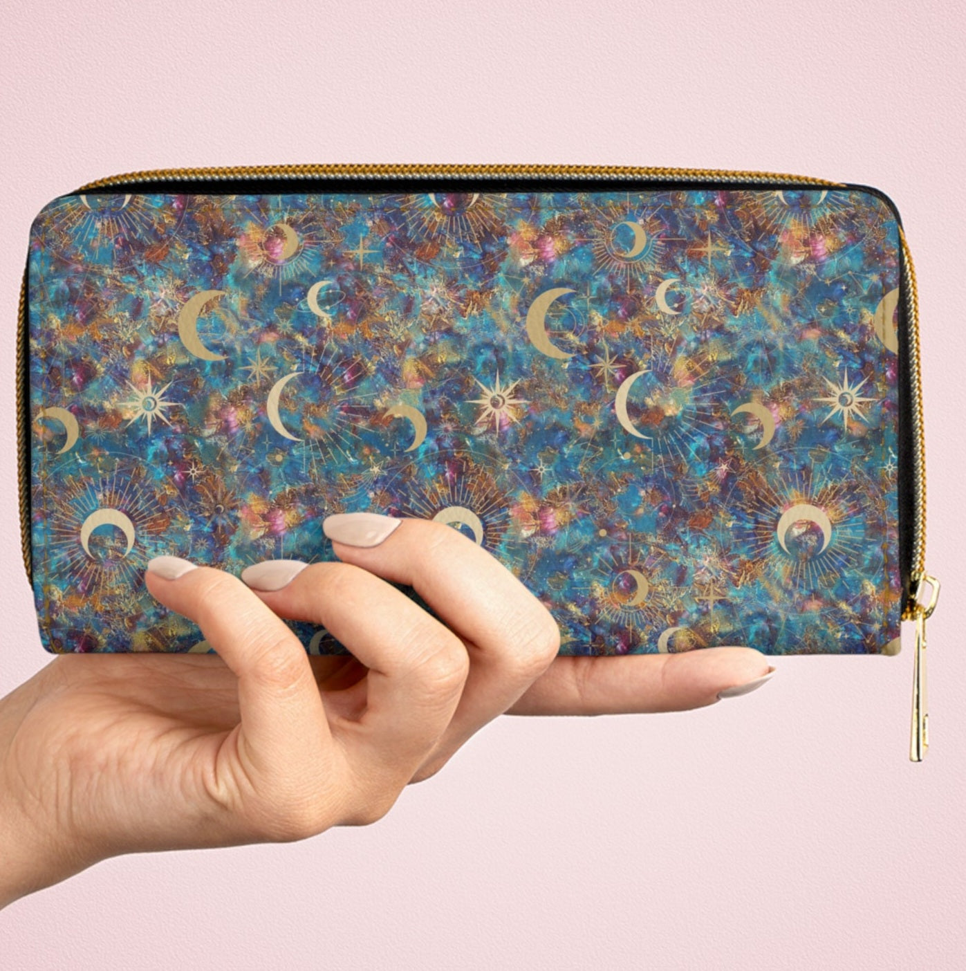 Celestial Pattern Zipper Wallet - Mystic Moon and Star Design