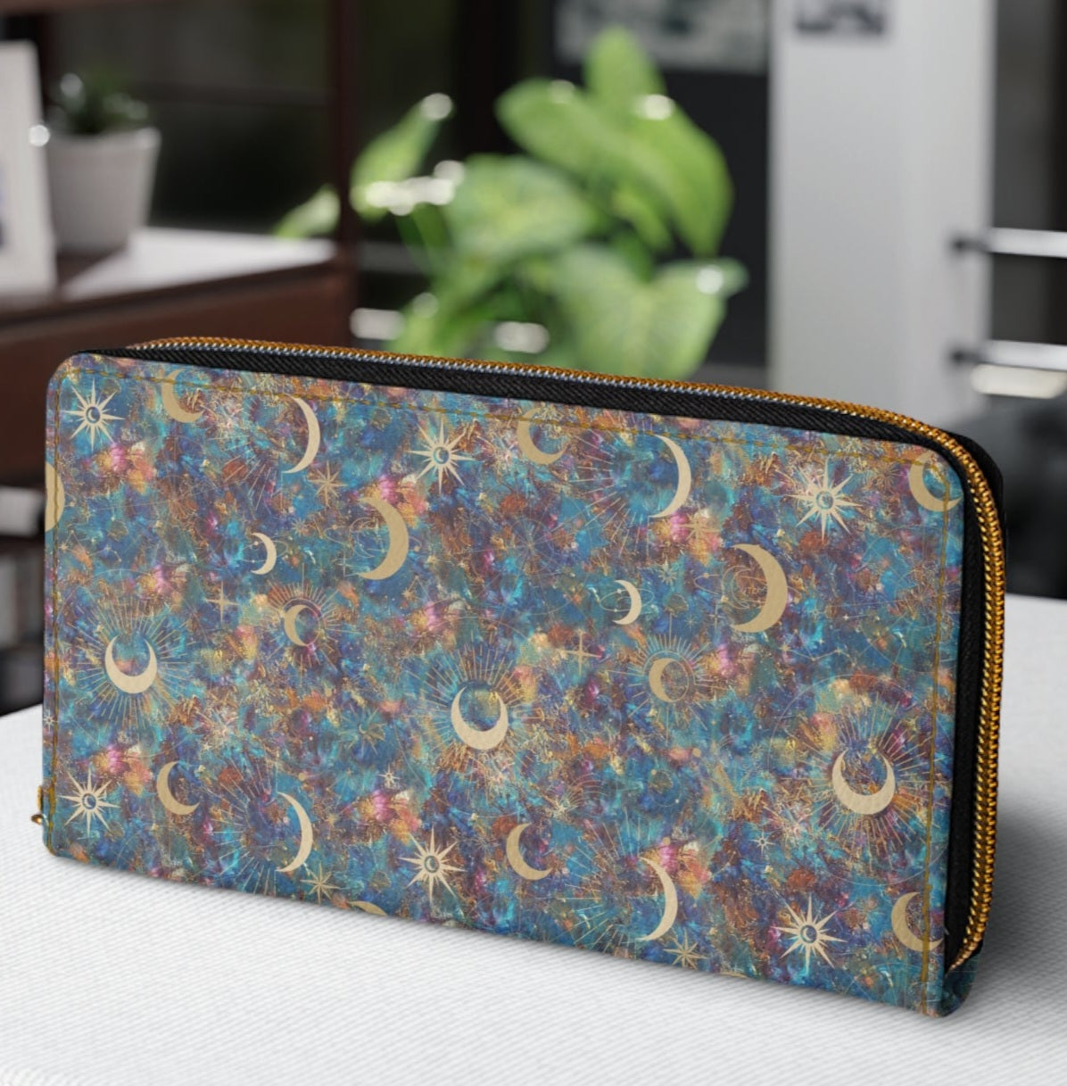 Celestial Pattern Zipper Wallet - Mystic Moon and Star Design
