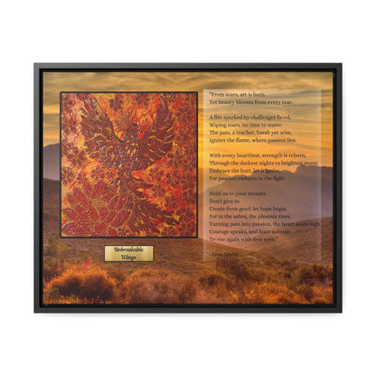 Premium healing wall decor featuring bright crimson encaustic phoenix artwork paired with transformational poetry 'Unbreakable Wings' by Alisa Marie, elegant black frame.