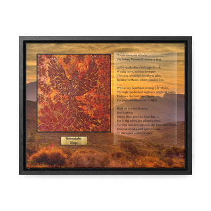 Original phoenix art print paired with transformational poetry 'Unbreakable Wings', featuring vibrant red and orange encaustic artwork, by Alisa Marie in black frame against desert sunset background