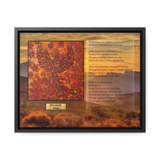 Original phoenix art print paired with transformational poetry 'Unbreakable Wings', featuring vibrant red and orange encaustic artwork, by Alisa Marie in black frame against desert sunset background