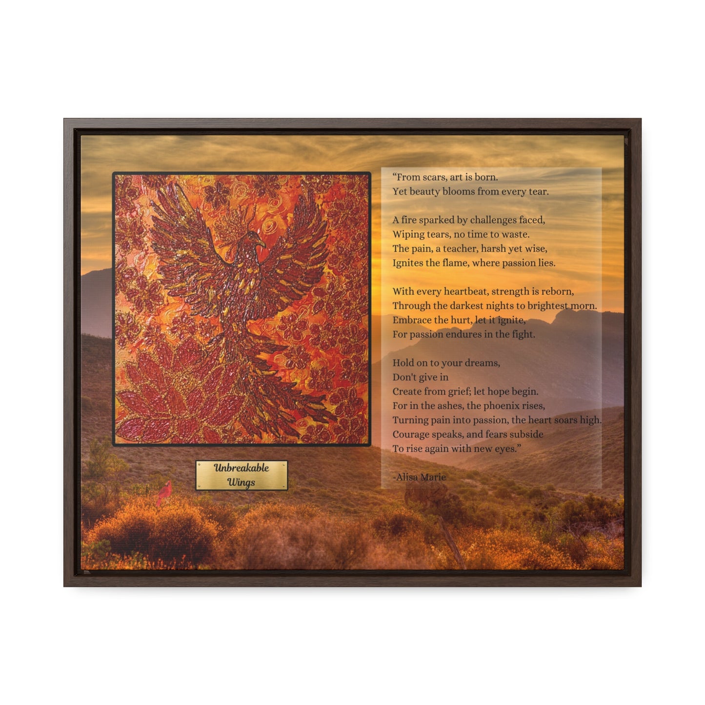 Close-up of 'Unbreakable Wings' encaustic art print by Alisa Marie showing detailed phoenix texture and complete inspirational poem in black frame, warm landscape background.