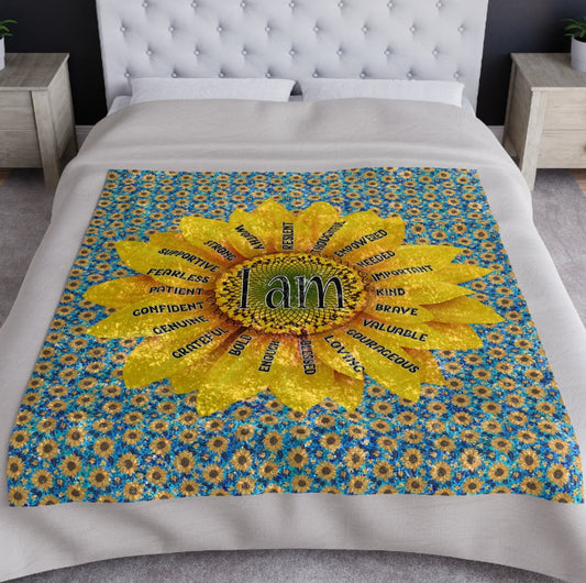 Sunflower with Affirmations Crushed Velvet Luxury Blanket - Inspiration and Comfort -Special Occasion Gift