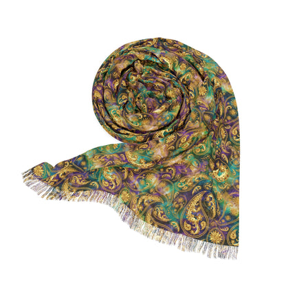 Fantasy -Gold Floral Paisley Extra Long Fringe Scarf