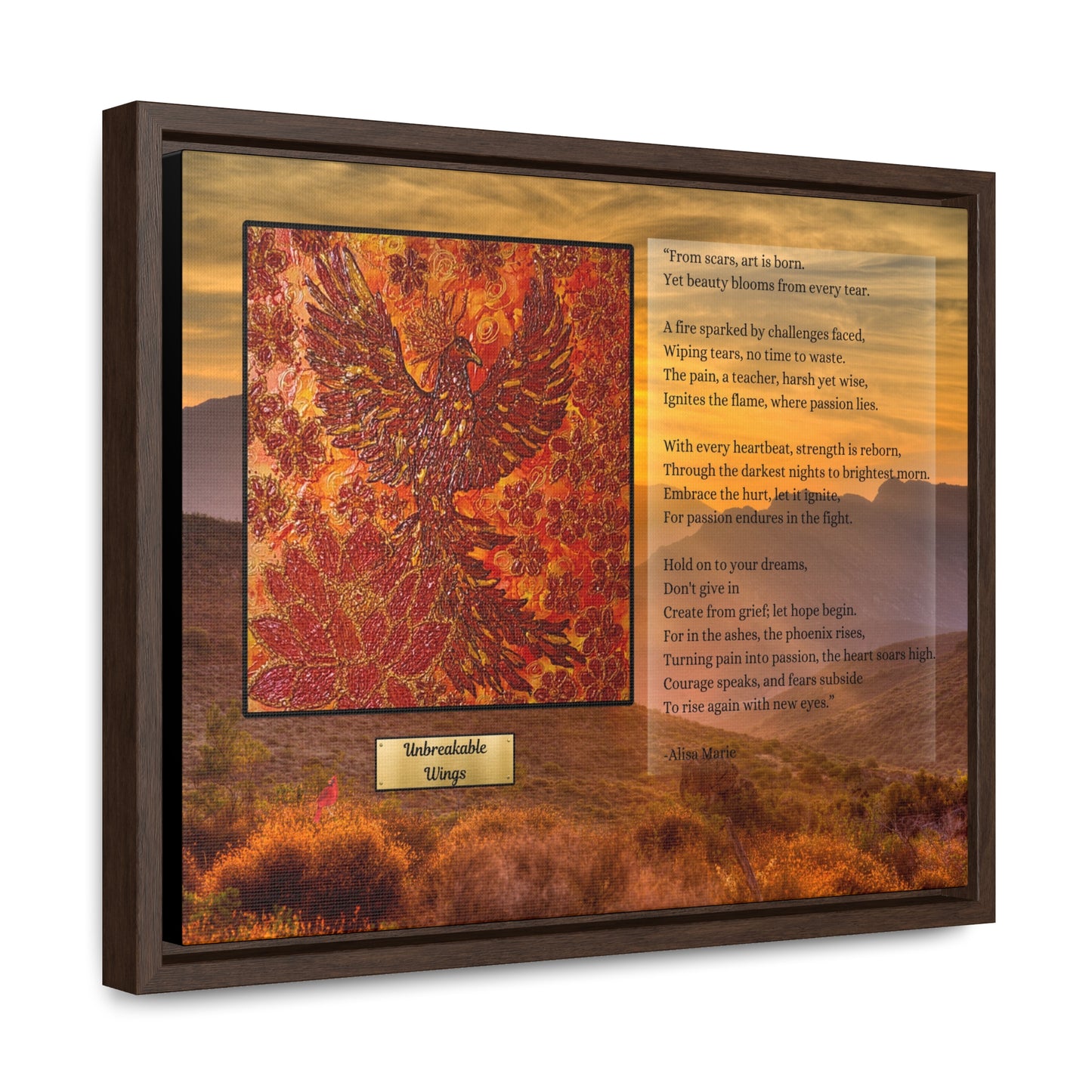 'Unbreakable Wings' encaustic phoenix artwork and inspirational poetry by Alisa Marie shown in premium walnut floating frame against white background.