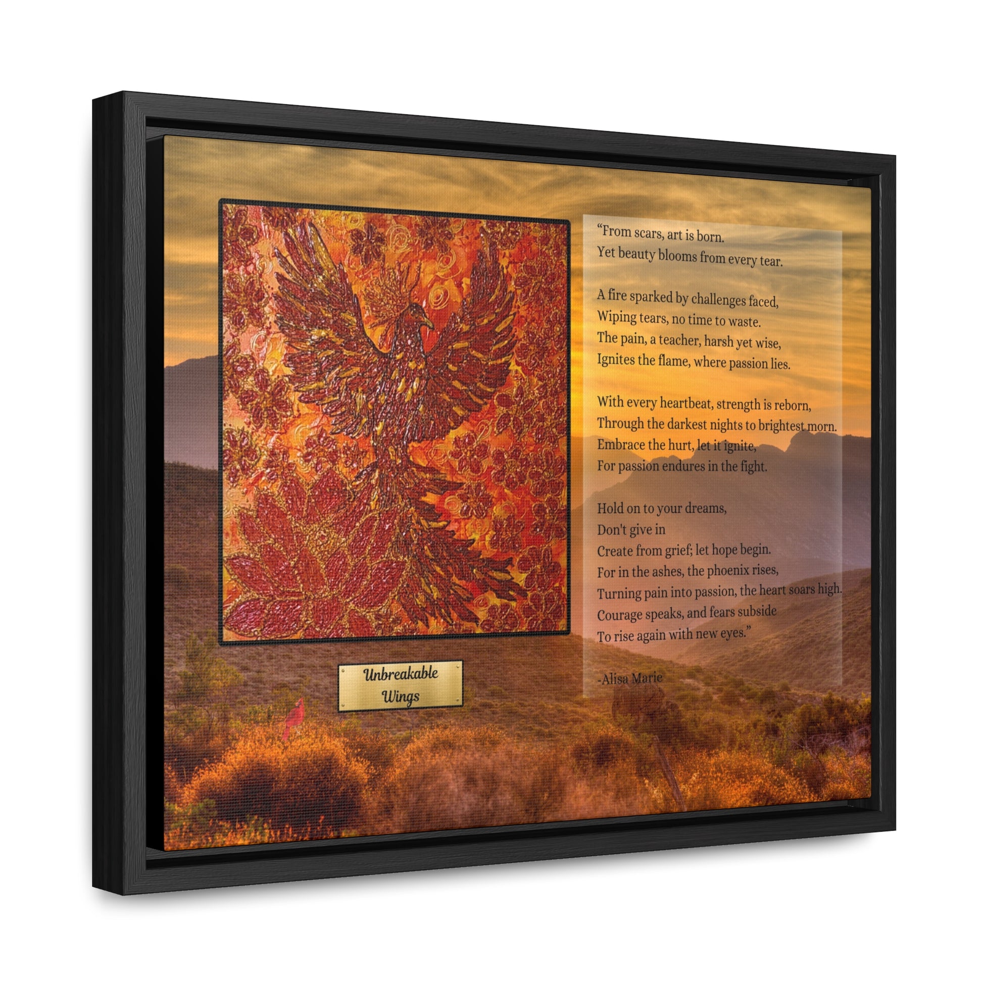 Side angle view of 'Unbreakable Wings' by Alisa Marie showing black frame depth, featuring original encaustic phoenix artwork and poetry about resilience.