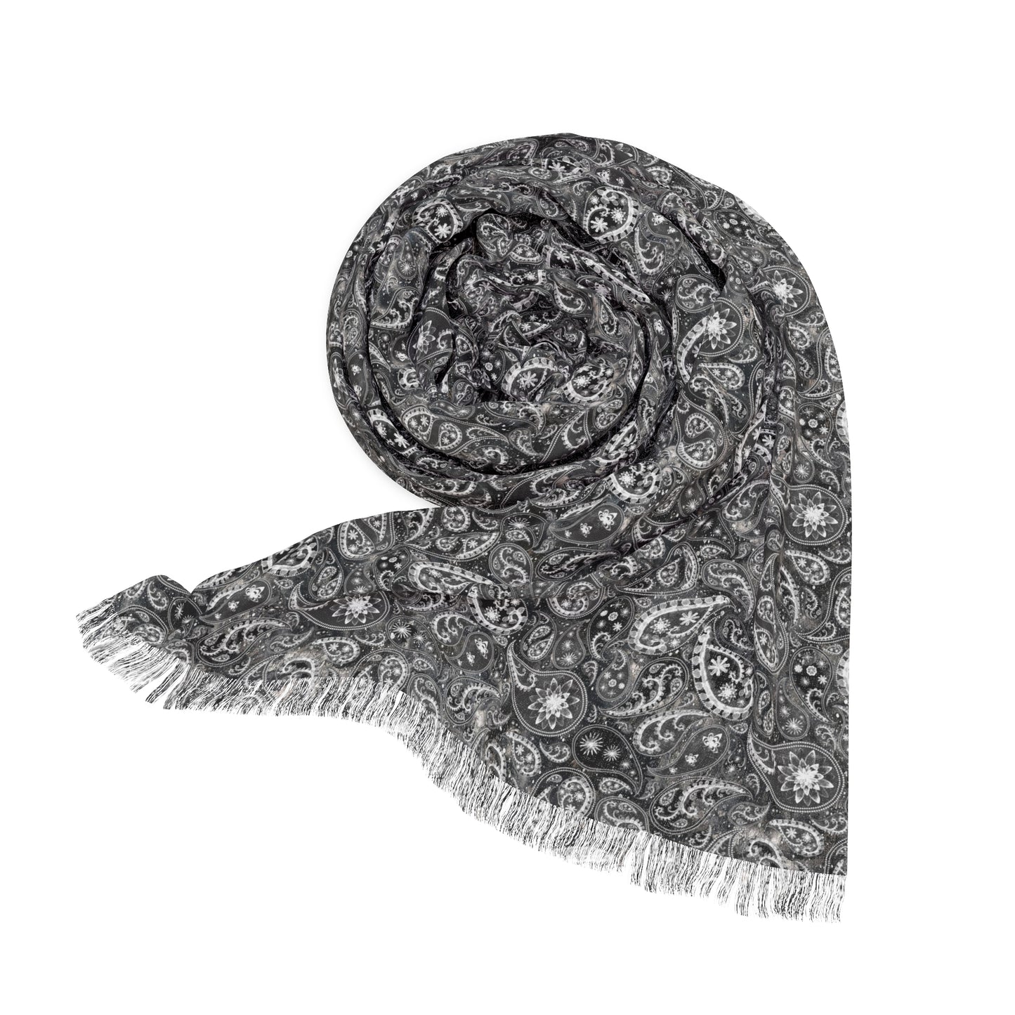 Starry Night-Black and White Floral Paisley Extra Long Fringe Scarf