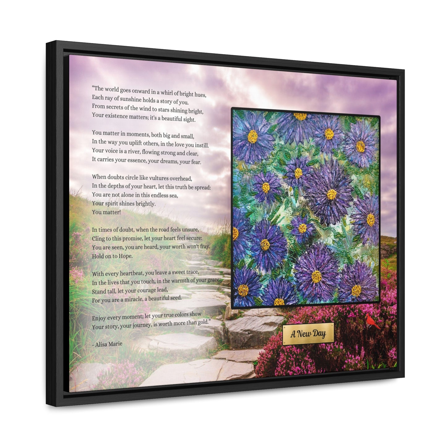 Inspirational Wall Art | Purple Flower Poetry Print 'A New Day' | Self Worth Encouragement Gift