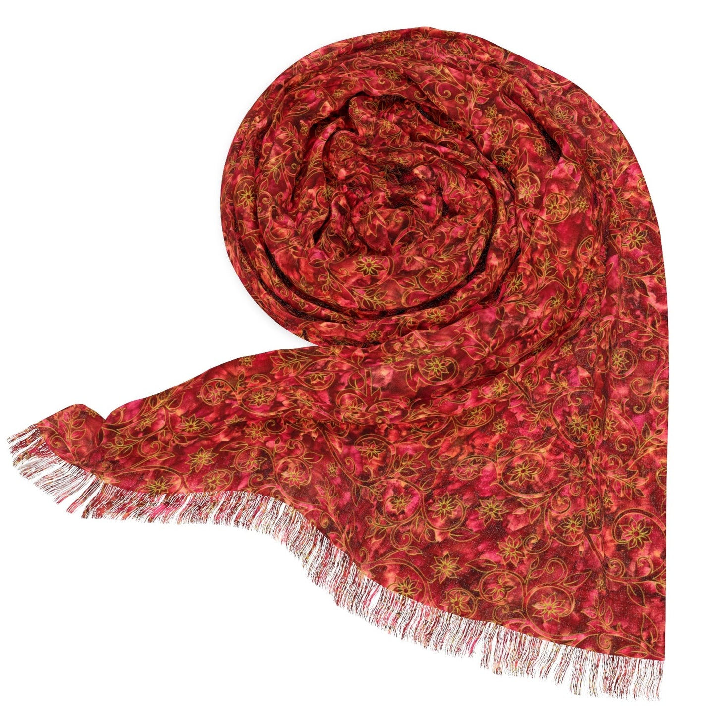 Amore Red Floral Extra Long Fringe Scarf | Exclusive Artist Design