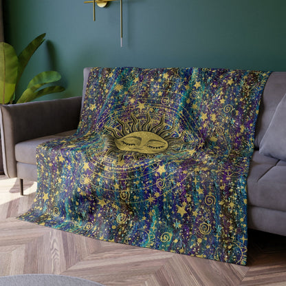 Celestial Sun and Stars Crushed Velvet Luxury Blanket - For the Dreamers and the Stargazers-Special Occasion Gift