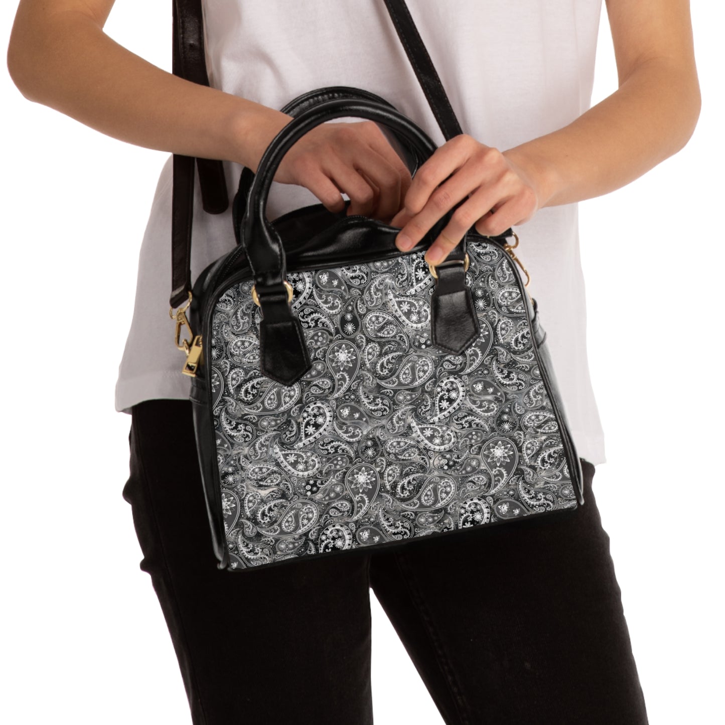 Black and White Paisley Satchel Handbag