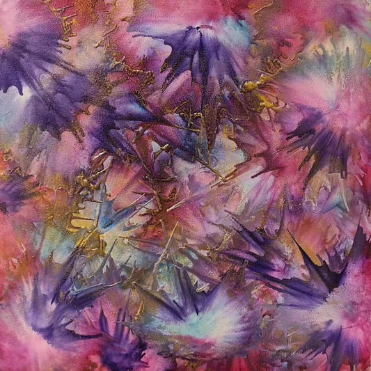 Alisa Marie original encaustic artwork 'The Gift' featuring vibrant purple and pink bursts with gold accents, creating a dynamic abstract pattern with layered colors and ethereal movement.