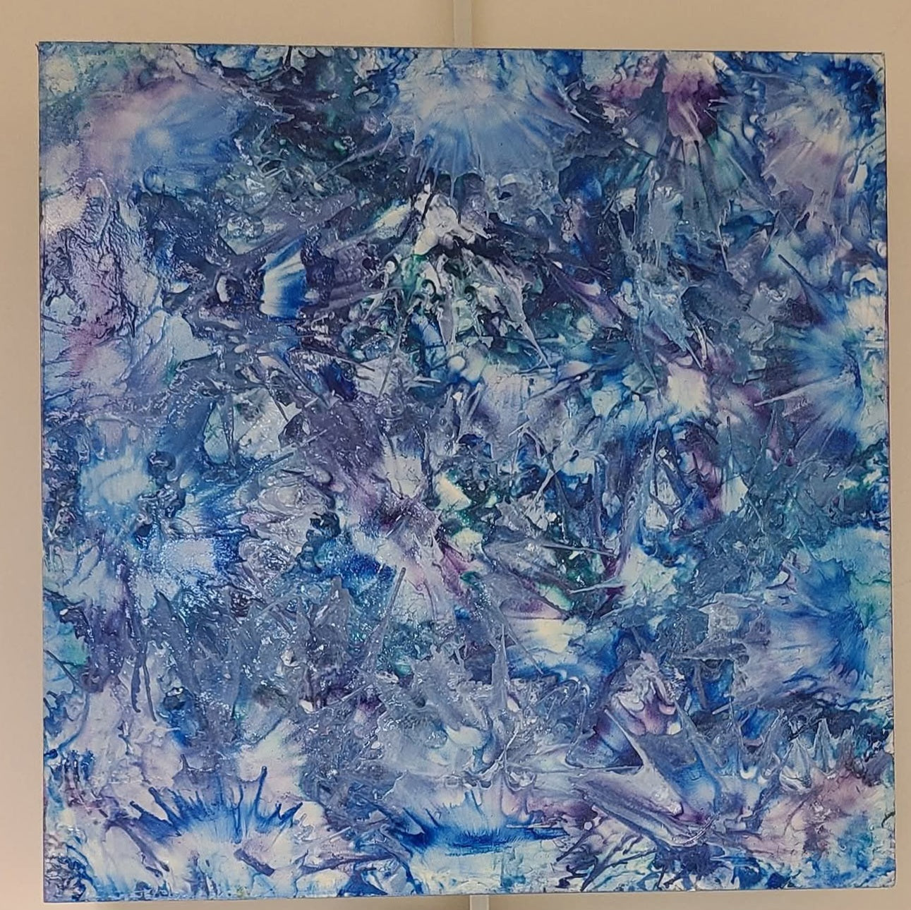 Alisa Marie original encaustic artwork, 'Winter Solstice', featuring celestial blues and purples with crystalline white highlights, creating an ice like abstract pattern.