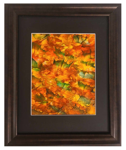 Alisa Marie original encaustic artwork, 'Changes of the Season', featuring rich autumn oranges and golden tones with green accents, professionally matted in black and framed in dark wood, capturing fall's warmth.