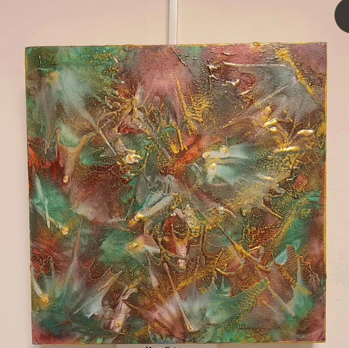 Alisa Marie original encaustic artwork, 'Merry Christmas', featuring earthy greens, golds, and copper tones creating an abstract pattern with metallic highlights.