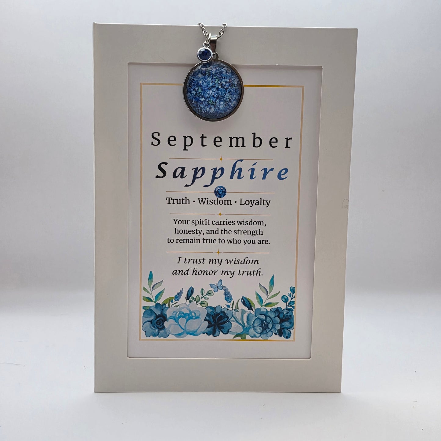 September Birthstone Necklace Gift Set | Sapphire Pendant with Keepsake Card | Handmade Birthday Gift for Her