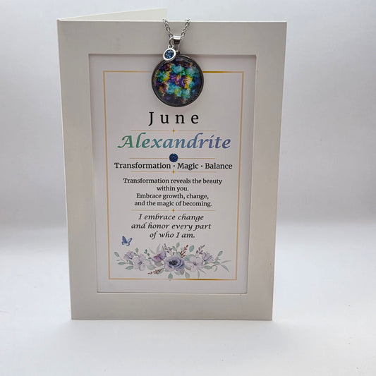 June Birthstone Necklace Gift Set | Alexandrite Pendant with Keepsake Card | Handmade Birthday Gift for Her