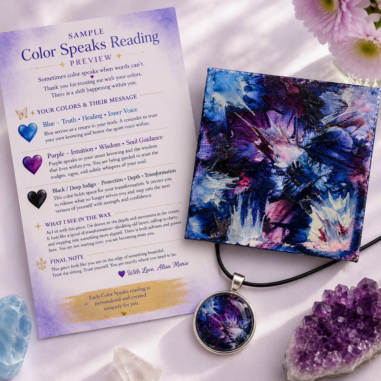Color Speaks Personalized Reading, Original Artwork & Matching Pendant