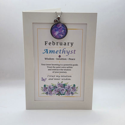 February Birthstone Necklace Gift Set | Amethyst Pendant with Keepsake Card | Handmade Birthday Gift for Her