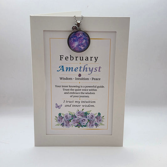 February Birthstone Necklace Gift Set | Amethyst Pendant with Keepsake Card | Handmade Birthday Gift for Her