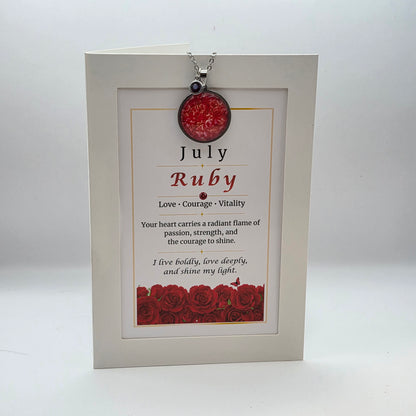 July Birthstone Necklace Gift Set | Ruby Pendant with Keepsake Card | Handmade Birthday Gift for Her