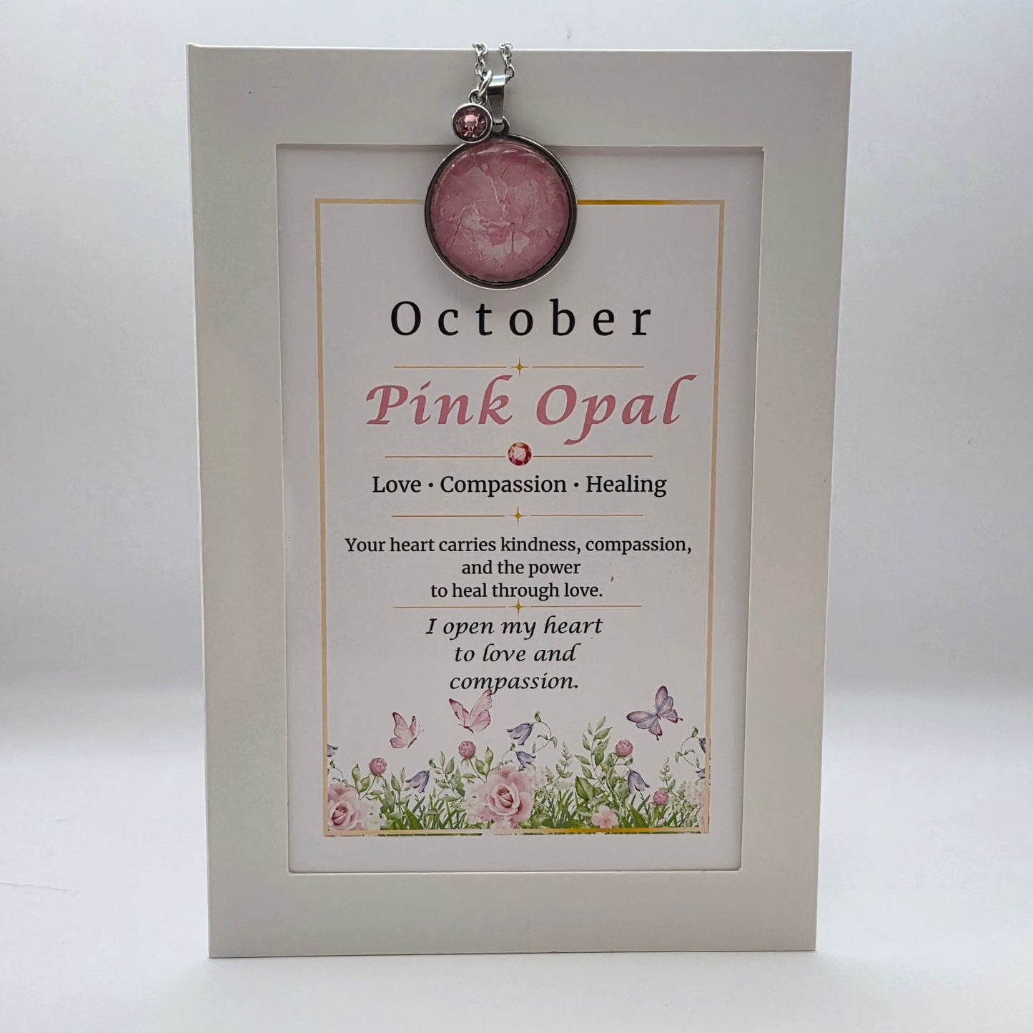 October Birthstone Necklace Gift Set | Pink Opal Pendant with Keepsake Card | Handmade Birthday Gift for Her