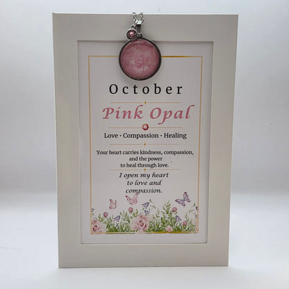 October Birthstone Necklace Gift Set | Pink Opal Pendant with Keepsake Card | Handmade Birthday Gift for Her